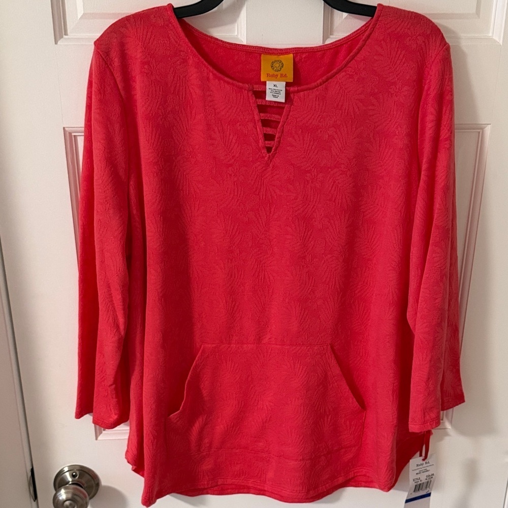 Ruby Rd. women's textured knit top Kangaroo pocket 3/4 sleeve coral NEW